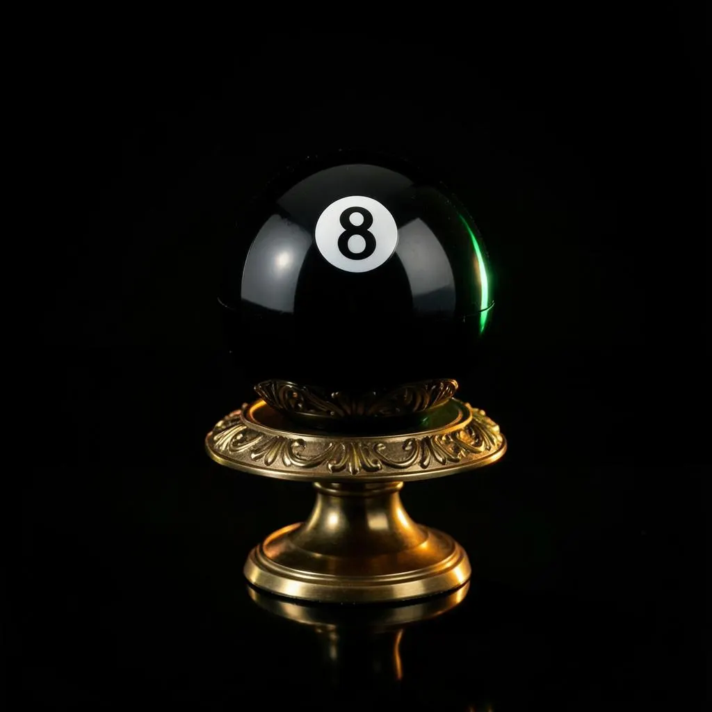 A Magic 8 Ball toy on a golden stand